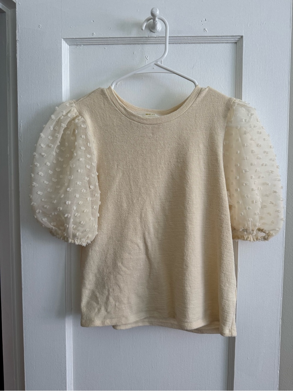 Maeve Cream Puff-Sleeve Dotted Organza Knit Top